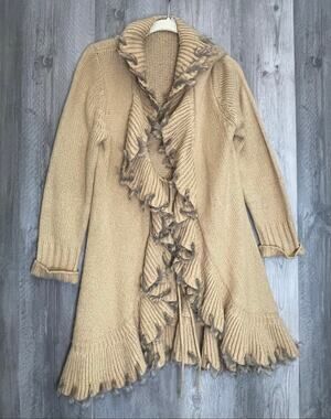 R&B Women’s L Camel Ruffle Cardigan Faux Fur Trim Wool Blend Sweater Coat Y2K